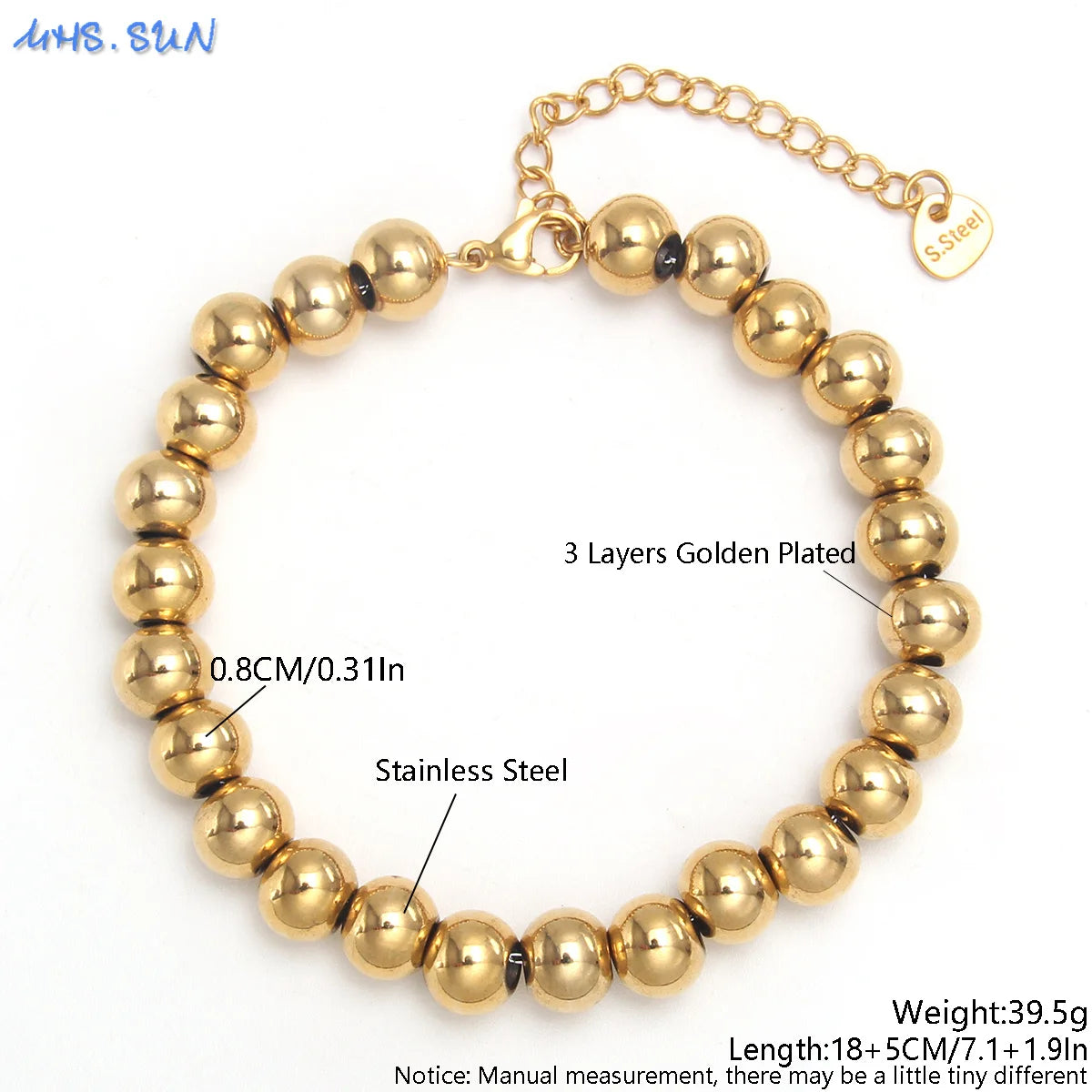 Plus Size 7"-9" Stainless Steel Smooth Bead Bracelet