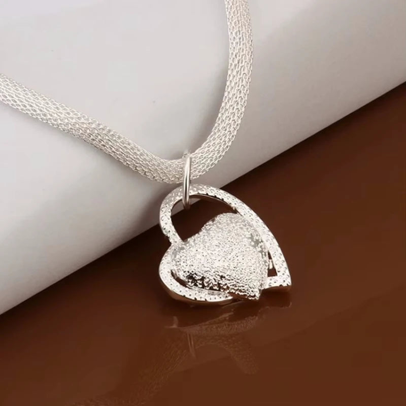 Plus Size 18" 925 Sterling Silver Mesh Chain Heart Pendant Necklace