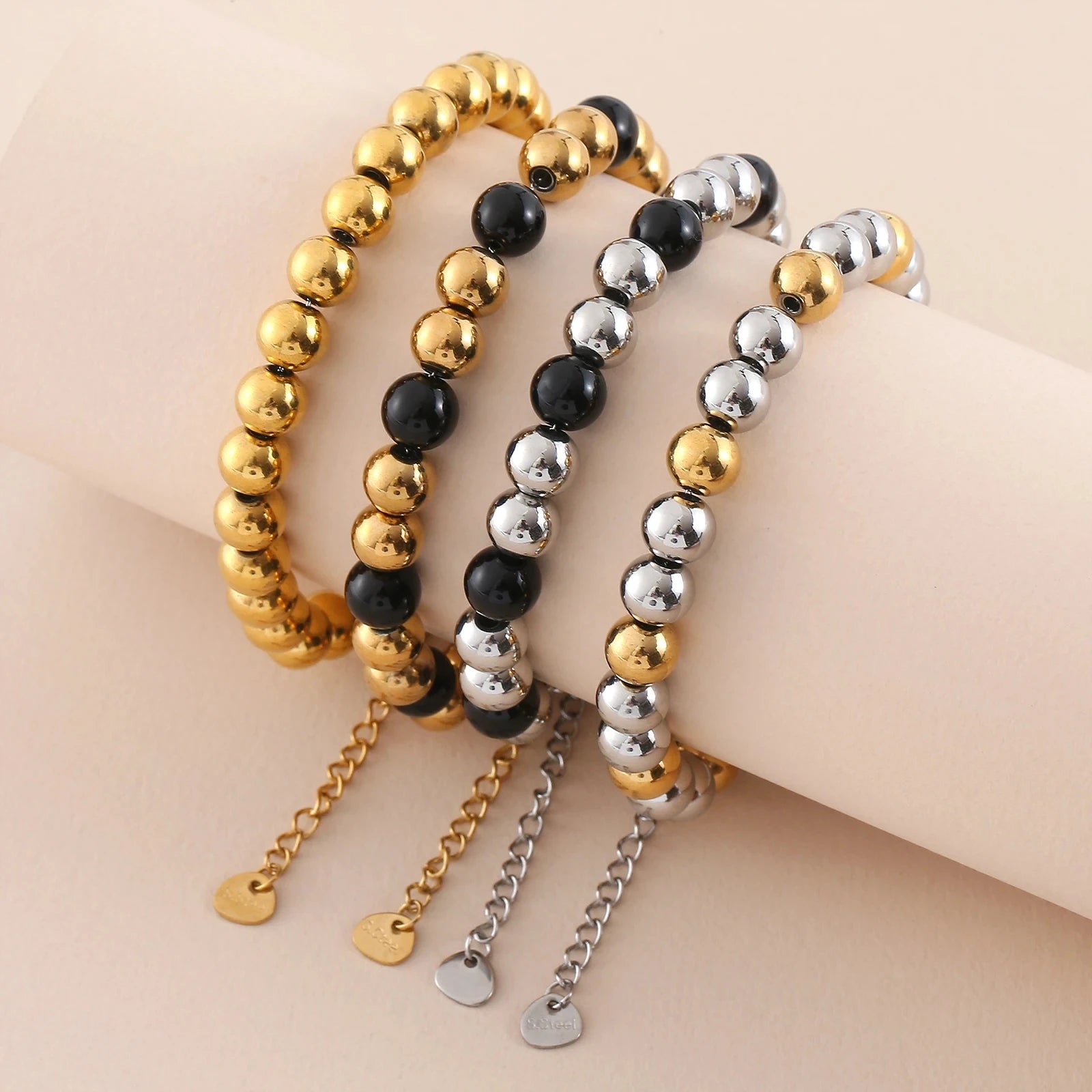 Plus Size 7"-9" Stainless Steel Smooth Bead Bracelet