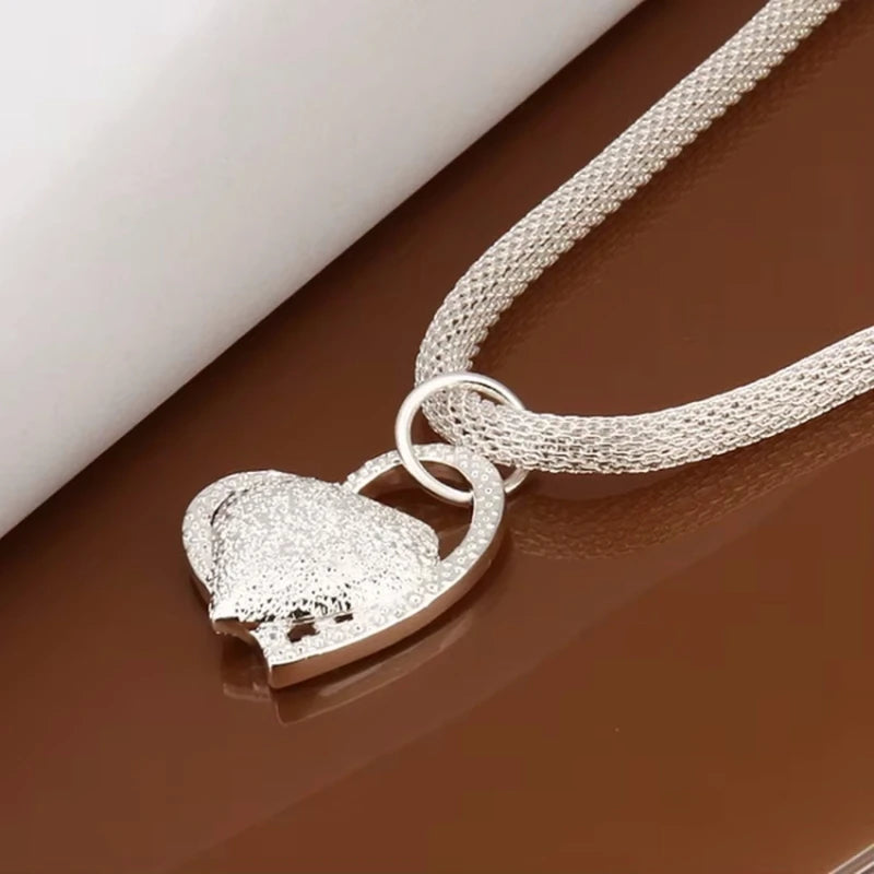 Plus Size 18" 925 Sterling Silver Mesh Chain Heart Pendant Necklace