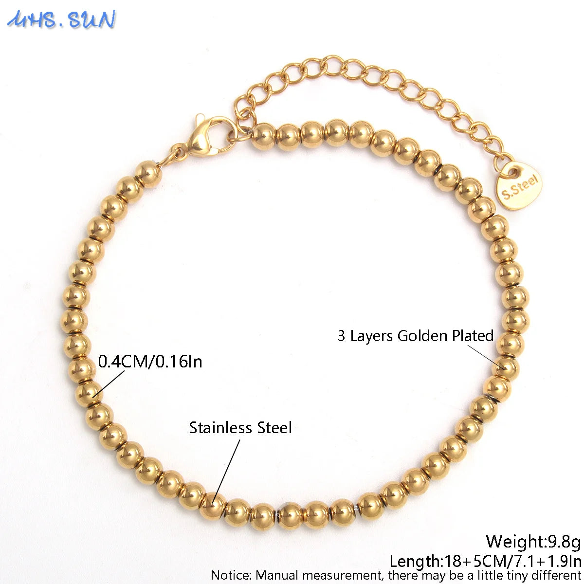 Plus Size 7"-9" Stainless Steel Smooth Bead Bracelet