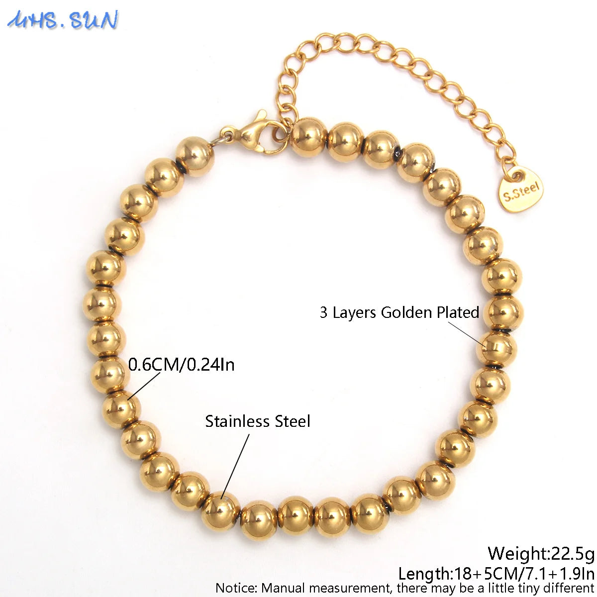 Plus Size 7"-9" Stainless Steel Smooth Bead Bracelet